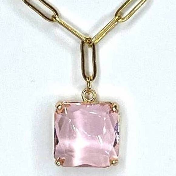 NEW Paperclip Chain Necklace 16" 18" 20" Pink Faceted Chunk Pendant Trendy - Picture 1 of 6